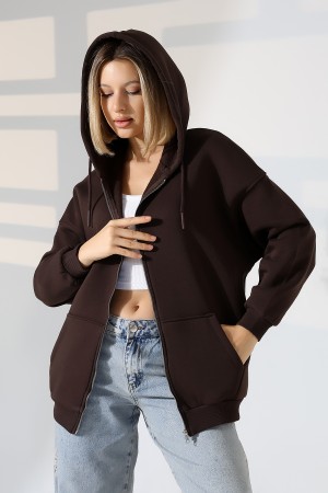 21618 KADIN 3 İP PENYE KOMPAKT  ŞARDONLU METAL FERMUARLI SALAŞ OVERSİZE KAPŞONLU KANGURU CEPLİ SWEATSHIRT
