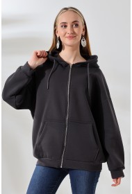21618 KADIN 3 İP PENYE KOMPAKT  ŞARDONLU METAL FERMUARLI SALAŞ OVERSİZE KAPŞONLU KANGURU CEPLİ SWEATSHIRT