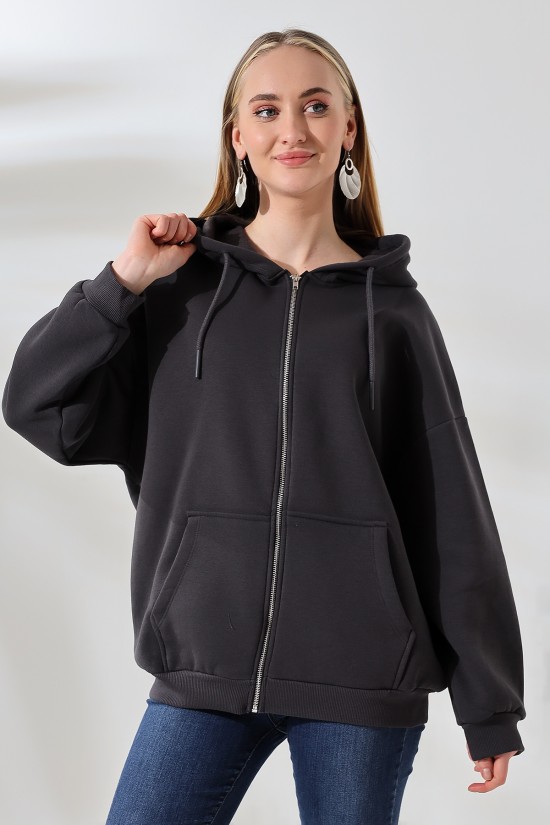 21618 KADIN 3 İP PENYE COMPACK  ŞARDONLU METAL FERMUARLI SALAŞ OVERSİZE KAPŞONLU KANGURU CEPLİ SWETSHIRT