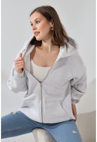 21618 KADIN 3 İP PENYE KOMPAKT  ŞARDONLU METAL FERMUARLI SALAŞ OVERSİZE KAPŞONLU KANGURU CEPLİ SWEATSHIRT