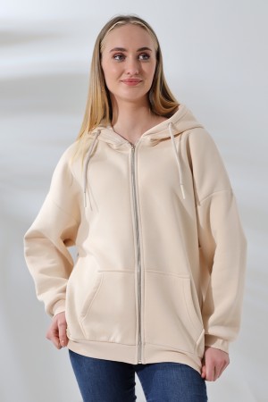 21618 KADIN 3 İP PENYE KOMPAKT  ŞARDONLU METAL FERMUARLI SALAŞ OVERSİZE KAPŞONLU KANGURU CEPLİ SWEATSHIRT