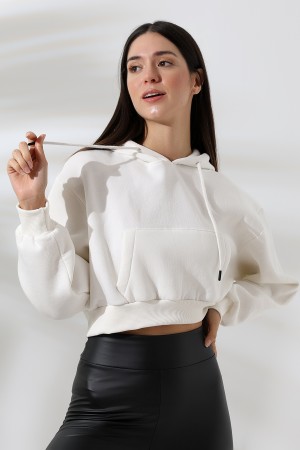 21653 KADIN 3 İP PENYE COMP. ŞARD. KAPŞONLU KANG CEPLİ GENİŞ SALAŞ KISA SWEATSHIRT