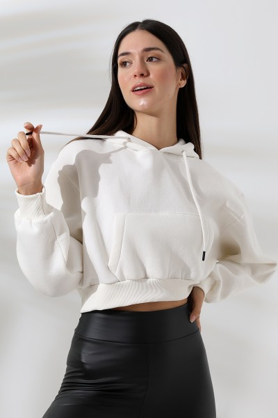 21653 KADIN 3 İP PENYE COMP. ŞARD. KAPŞONLU KANG CEPLİ GENİŞ SALAŞ KISA SWEATSHIRT