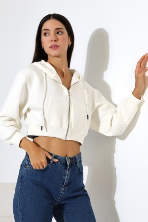 21652 KADIN 3 İP PENYE COMP. ŞARD. METAL FERMUARLI KAPŞONLU KANG CEPLİ GENİŞ SALAŞ KISA METAL FERM  SWEATSHIRT