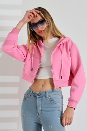 21652 KADIN 3 İP PENYE COMP. ŞARD. METAL FERMUARLI KAPŞONLU KANG CEPLİ GENİŞ SALAŞ KISA METAL FERM  SWEATSHIRT