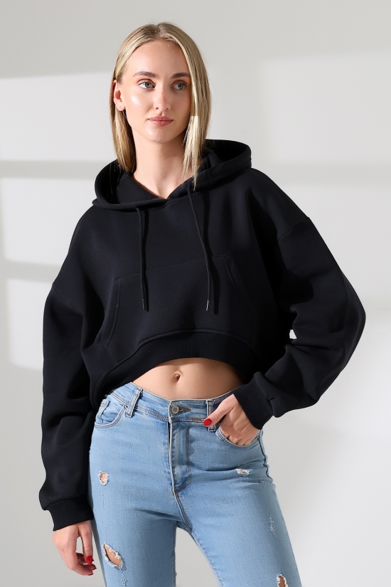 21968 KADIN 3 İP PENYE KOMPAKT ŞARDONLU SALAŞ ÖN ETEĞİ İÇE DOĞRU OVAL KAPŞONLU KANGURU CEPLİ SWEATSHIRT