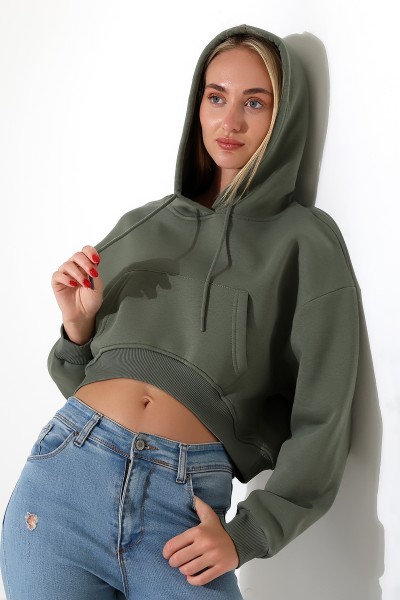 21968 KADIN 3 İP PENYE KOMPAKT ŞARDONLU SALAŞ ÖN ETEĞİ İÇE DOĞRU OVAL KAPŞONLU KANGURU CEPLİ SWEATSHIRT