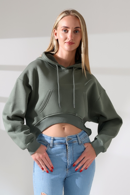 21968 KADIN 3 İP PENYE KOMPAKT ŞARDONLU SALAŞ ÖN ETEĞİ İÇE DOĞRU OVAL KAPŞONLU KANGURU CEPLİ SWEATSHIRT