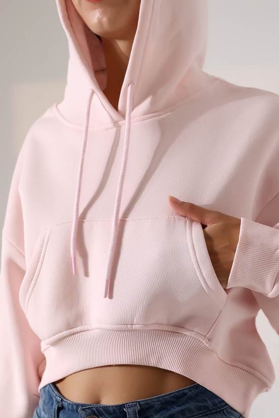 21968 KADIN 3 İP PENYE KOMPAKT ŞARDONLU SALAŞ ÖN ETEĞİ İÇE DOĞRU OVAL KAPŞONLU KANGURU CEPLİ SWEATSHIRT