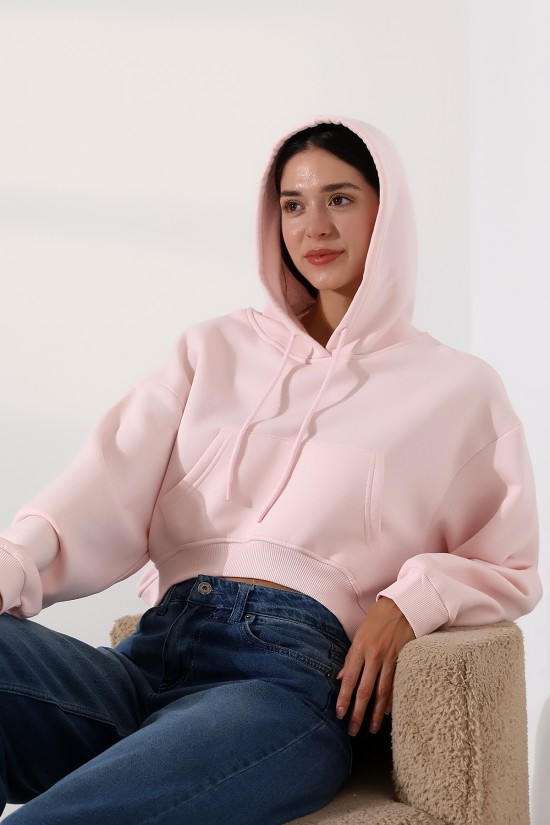 21968 KADIN 3 İP PENYE KOMPAKT ŞARDONLU SALAŞ ÖN ETEĞİ İÇE DOĞRU OVAL KAPŞONLU KANGURU CEPLİ SWEATSHIRT