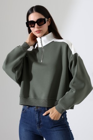 21963 KADIN 3 İP FERMUARLI KAMYONÖR GÖMLEK YAKA OMUZLARI VE YAKA GARNİLİ SALAŞ YANLARI KUPLU GENİŞ SWEATSHIRT