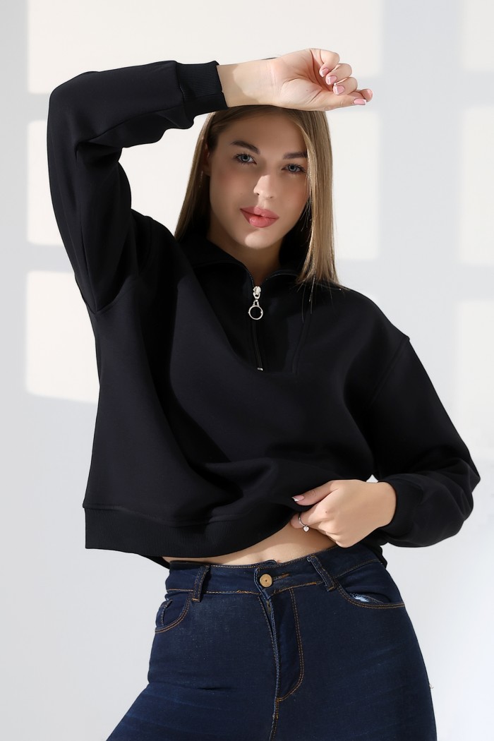 21971 KADIN 3 İP KAMYONCU FERMUARLI KAŞG YAKA  SALAŞ GENİŞ SWEATSHIRT