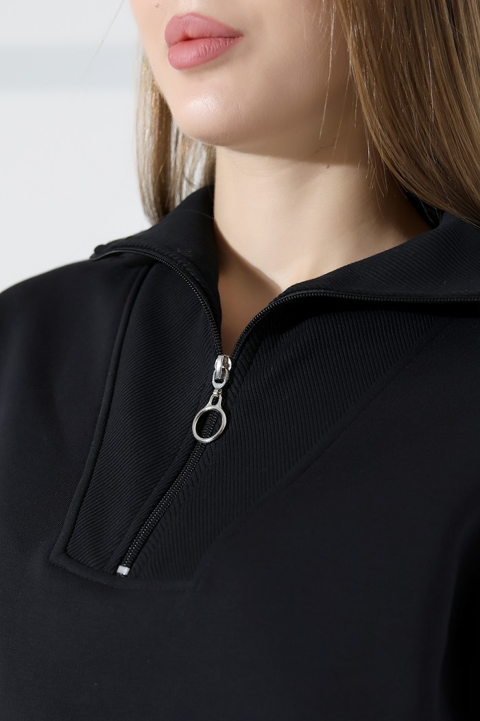 21971 KADIN 3 İP KAMYONCU FERMUARLI KAŞG YAKA  SALAŞ GENİŞ SWEATSHIRT