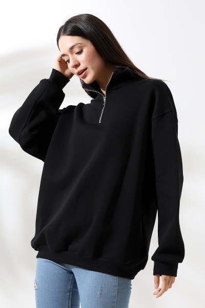 21622 KADIN METAL FERMUARLI KAMYONCU YAKA  PENYE KOMPAKT ŞARD.3 İP  SALAŞ OVERSİZE SWEATSHIRT