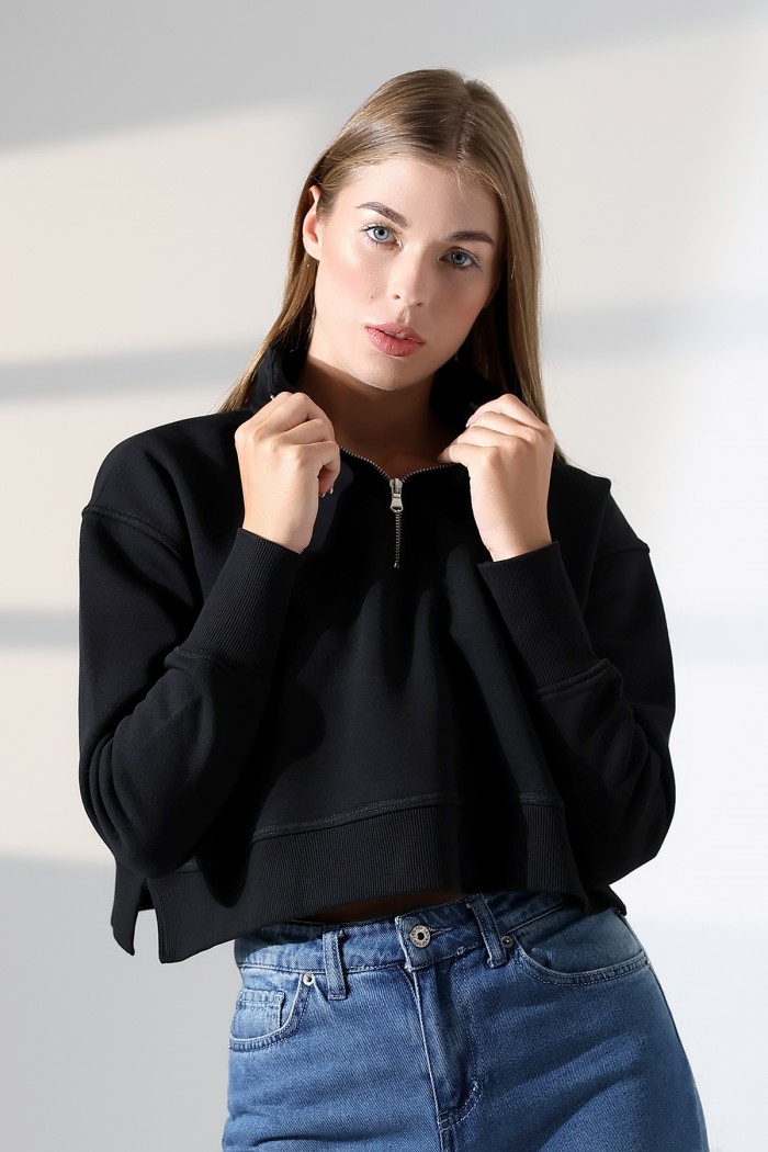 21967 KADIN 3 İP DİKYAKA KAMYON YARIM FERMUAR ETEK KAŞGORSESİ YIRTMAÇLI GENİŞ SWETSHIRT