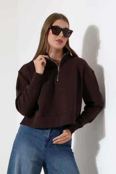 21967 KADIN 3 İP DİKYAKA KAMYON YARIM FERMUAR ETEK KAŞGORSESİ YIRTMAÇLI GENİŞ SWEATSHIRT