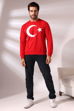 19156 TÜRK BAYRAK BASKILI BİSİKLET YAKA 2 İP ERKEK SWETSHİRT 