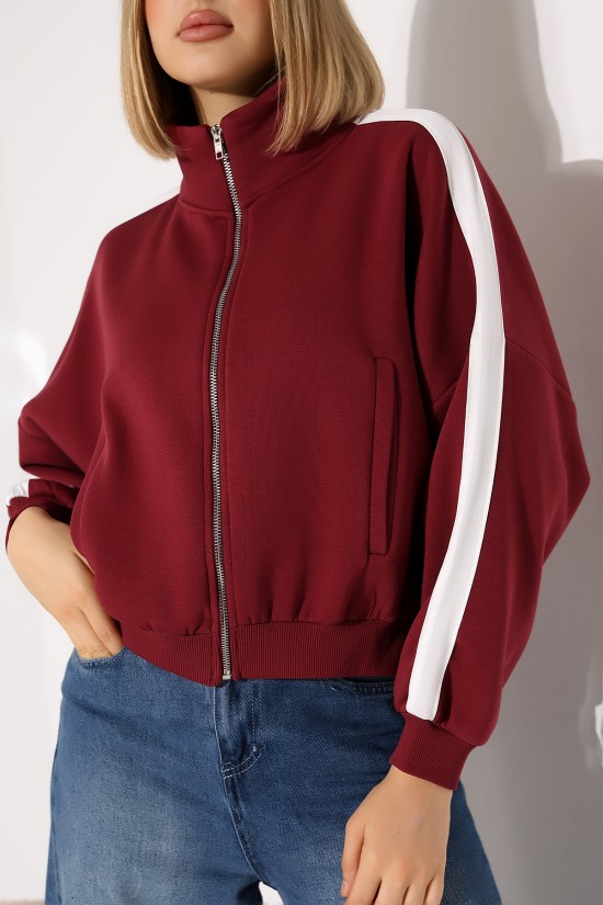 21954  KADIN 3 İP PENYE COMP. ŞARD.KOLLARI MİKROŞERİTLİ BOYDAN METAL FERMUARLI HAKİM YAKA FLOTA CEPLİ GENİŞ SALAŞ SWEATSHIRT