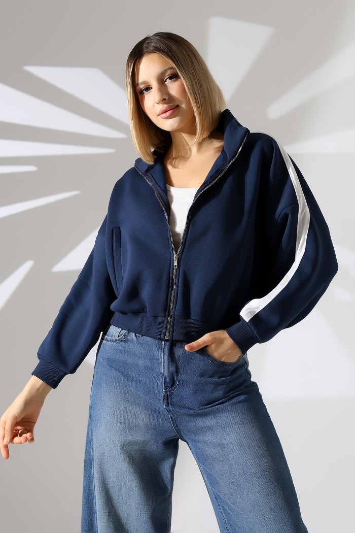 21954  KADIN 3 İP PENYE COMP. ŞARD.KOLLARI MİKROŞERİTLİ BOYDAN METAL FERMUARLI HAKİM YAKA FLOTA CEPLİ GENİŞ SALAŞ SWEATSHIRT