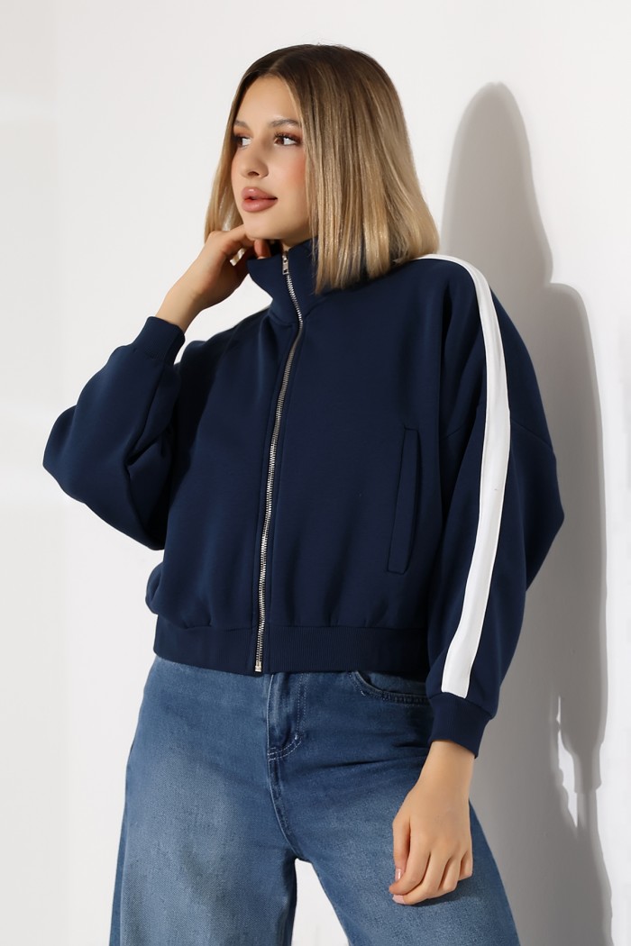 21954  KADIN 3 İP PENYE COMP. ŞARD.KOLLARI MİKROŞERİTLİ BOYDAN METAL FERMUARLI HAKİM YAKA FLOTA CEPLİ GENİŞ SALAŞ SWEATSHIRT