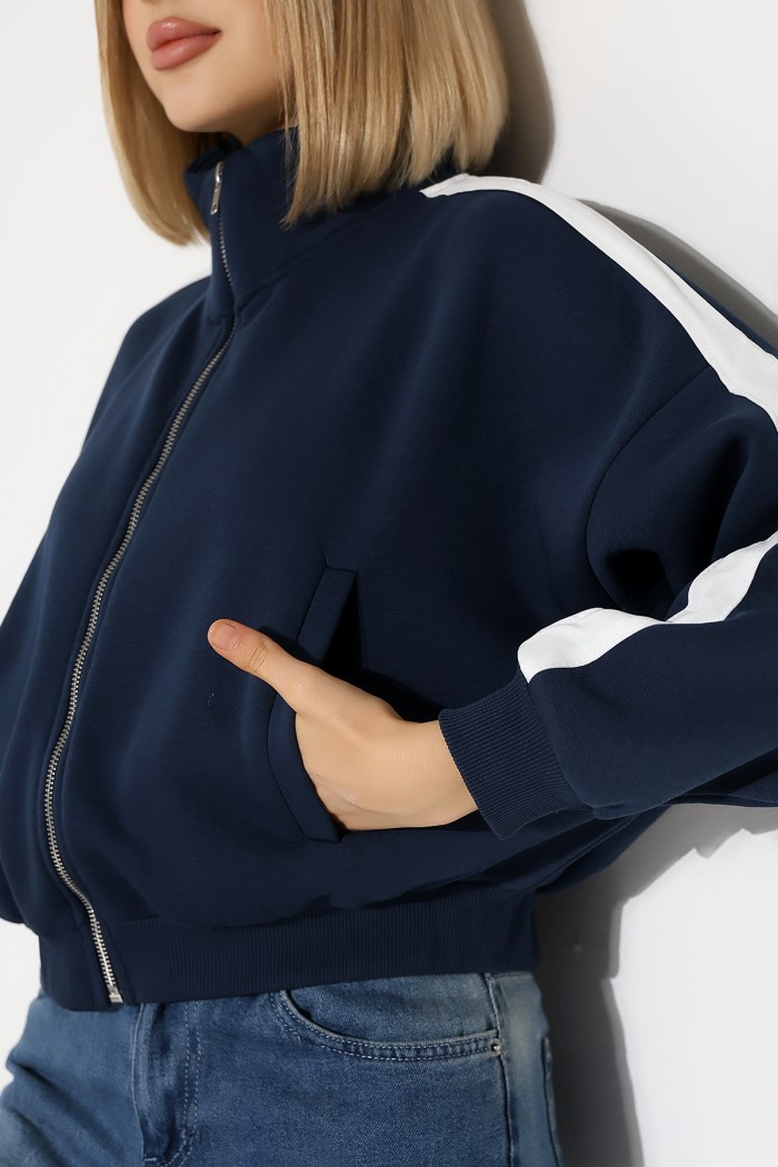 21954  KADIN 3 İP PENYE COMP. ŞARD.KOLLARI MİKROŞERİTLİ BOYDAN METAL FERMUARLI HAKİM YAKA FLOTA CEPLİ GENİŞ SALAŞ SWEATSHIRT