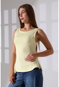 22070  KADIN KAYIK YAKA FULL LYC RİBANA YANLARI KUPLU PARÇALI ETEĞİ VOLANLI KOLSUZ TSHIRT 