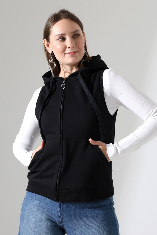 22172 KADIN DİAGONEL 3 İPLİK ŞARDONSUZ KOLSUZ KANGURU CEPLİ KAPŞONLU BOYDAN FERMUARLI HIRKA 