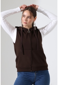 22172 KADIN DİAGONEL 3 İPLİK ŞARDONSUZ KOLSUZ KANGURU CEPLİ KAPŞONLU BOYDAN FERMUARLI HIRKA 