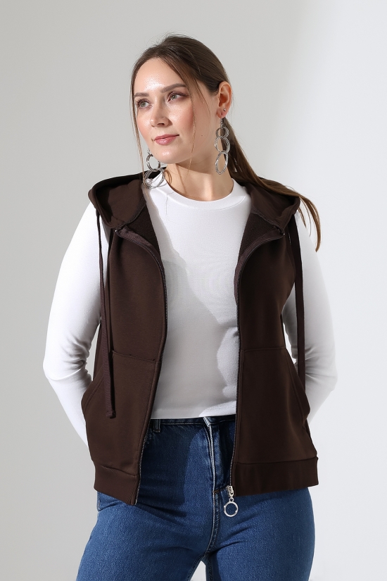 22172 KADIN DİAGONEL 3 İPLİK ŞARDONSUZ KOLSUZ KANGURU CEPLİ KAPŞONLU BOYDAN FERMUARLI HIRKA 