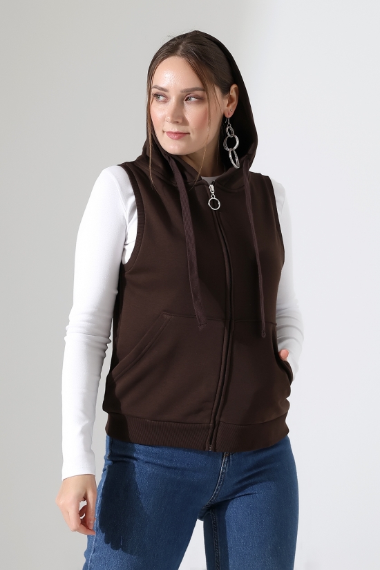 22172 KADIN DİAGONEL 3 İPLİK ŞARDONSUZ KOLSUZ KANGURU CEPLİ KAPŞONLU BOYDAN FERMUARLI HIRKA 