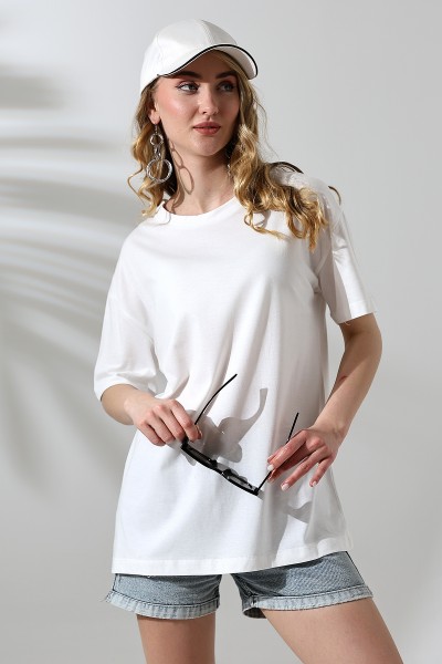 21752 KADIN OVERSİZE KOMPAKT PAMUKLU KISA KOL BİSİKLET TSHIRT