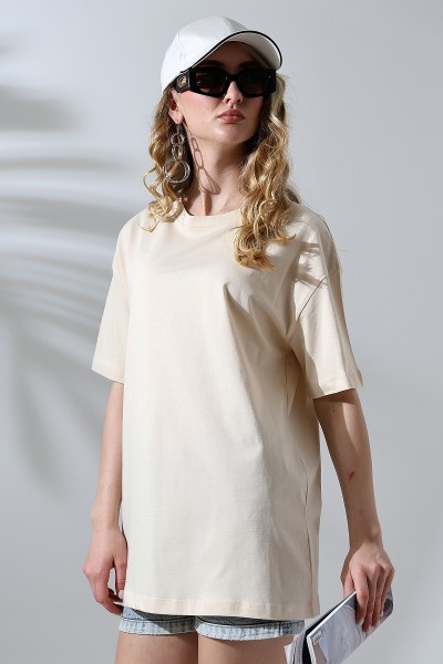 21752 KADIN OVERSİZE KOMPAKT PAMUKLU KISA KOL BİSİKLET TSHIRT