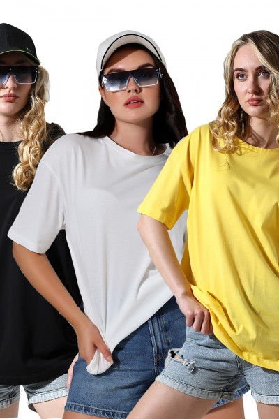 0-31752 - 3LÜ PAKET KADIN OVERSİZE KOMPAKT PAMUKLU KISA KOL BİSİKLET TSHIRT