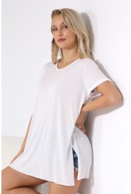 19598 KADIN KISA KOL KATLAMA. YANL YARI DİKİŞSİZ VE YIRTM.VSK BİSİKLET YAKA TUNİK TSHIRT