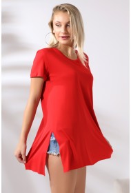 19598 KADIN KISA KOL KATLAMA. YANL YARI DİKİŞSİZ VE YIRTM.VSK BİSİKLET YAKA TUNİK TSHIRT