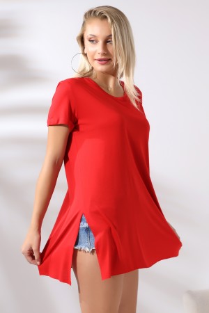 19598 KADIN KISA KOL KATLAMA. YANL YARI DİKİŞSİZ VE YIRTM.VSK BİSİKLET YAKA TUNİK TSHIRT