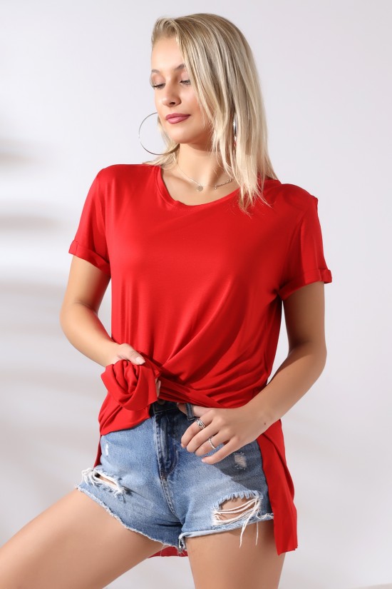 19598 BAYAN KISA KOL KATLAMA. YANL YARI DİKİŞSİZ VE YIRTM.VSK BİSİKLET YAKA TUNİK TSHIRT