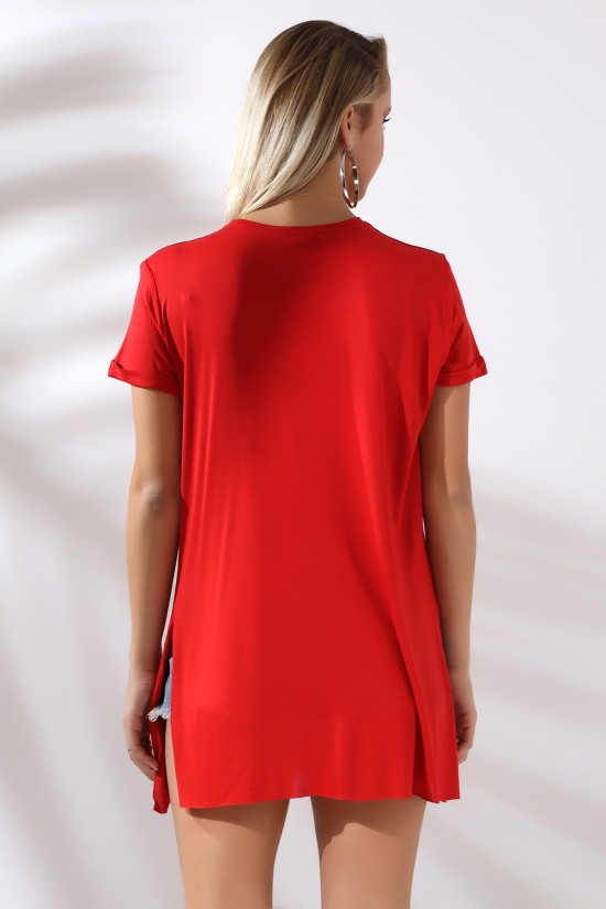 19598 BAYAN KISA KOL KATLAMA. YANL YARI DİKİŞSİZ VE YIRTM.VSK BİSİKLET YAKA TUNİK TSHIRT