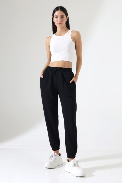 21936 KADIN 3 İP PENYE KOMPAKT ŞARDONLU BELİ KAŞKORSELİ KARYOKA KASAP CEPLİ PAÇASI 5 CM LAST EŞOFMAN PANTOLON 