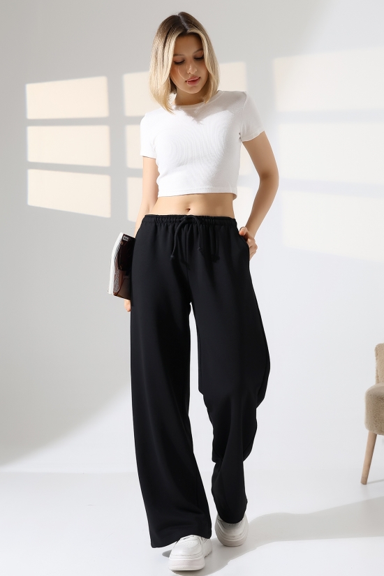 22182 KADIN DİAGONEL ŞARDONSUZ 3 İP PENYE KOMPAKT İNCE KEMERLASTİKLİ PALAZZO PAÇASI AÇIK EŞOFMAN PANTOLON 