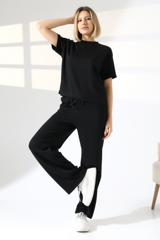 22056 KADIN DOUBLEFACE YUMUŞAK DOKULU KUMAŞ KISAKOL TSHIRT VE ALTI CEPLİ PAÇA AÇIK SALAŞ PANTOLON ALT ÜST TAKIM 