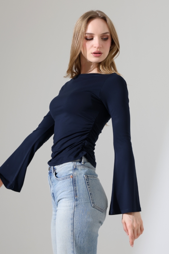 22157 KADIN KAYIK YAKA UZUN KOL UÇLARI İSPANYOL KOL  FULL LYC VİSKON YANLARI BÜZGÜLÜ BLUZ 