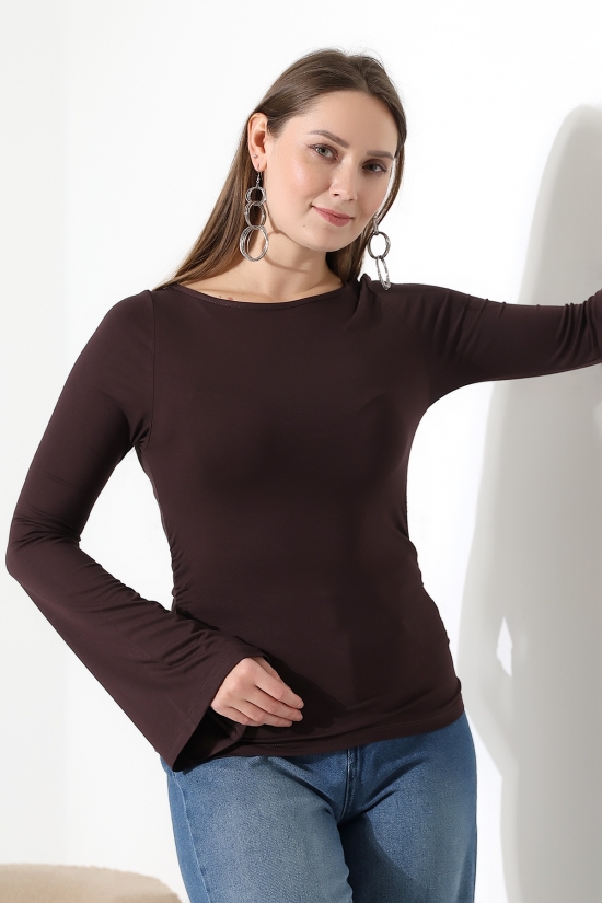 22157 KADIN KAYIK YAKA UZUN KOL UÇLARI İSPANYOL KOL  FULL LYC VİSKON YANLARI BÜZGÜLÜ BLUZ 