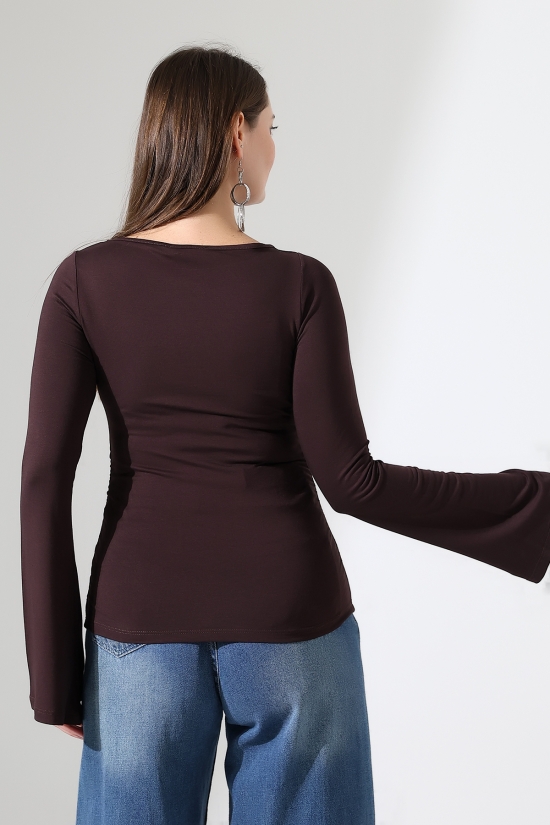 22157 KADIN KAYIK YAKA UZUN KOL UÇLARI İSPANYOL KOL  FULL LYC VİSKON YANLARI BÜZGÜLÜ BLUZ 