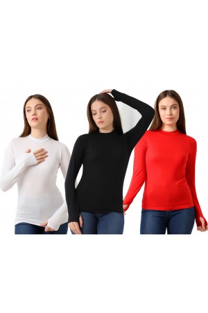 0-31756 - 3LÜ PAKET KADIN YARIM BALIKÇI UZUN KOLU PARMAK GEÇMELİ  BLUZ 