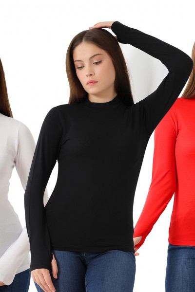 0-31756 - 3LÜ PAKET KADIN YARIM BALIKÇI UZUN KOLU PARMAK GEÇMELİ  BLUZ 