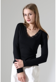 22144 KADIN V YAKASI DANTELLİ FULL LYC VORTVİSK UZUN KOL BLUZ 