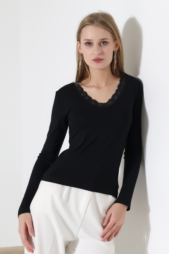 22144 KADIN V YAKASI DANTELLİ FULL LYC VORTVİSK UZUN KOL BLUZ 