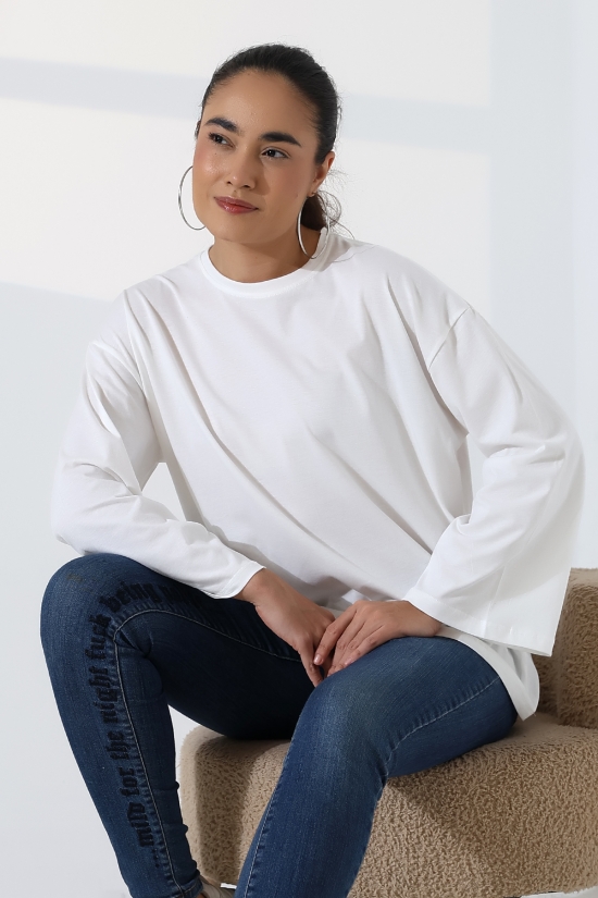 22139 KADIN UZUN KOLAĞZI GENİŞ SALAŞ OVERSİZE PAMUKLU BLUZ 