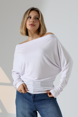 22153 KADIN OMUZ DÜŞÜMLU ASMTRK UZUN KOLU BEDENDE VE PARÇALI   BLUZ 